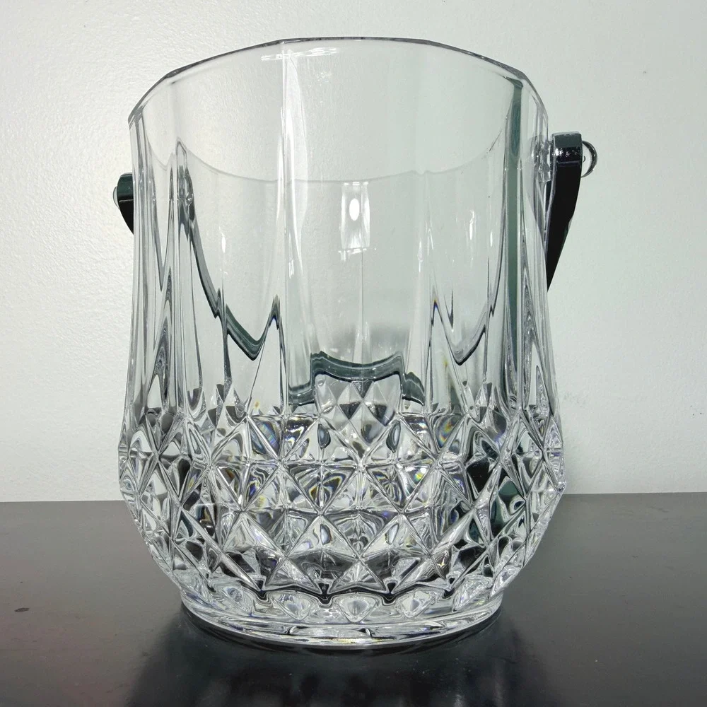 Vintage Cut Crystal Ice Bucket Chrome Handle & Tongs Starburst MCM Barware 5
